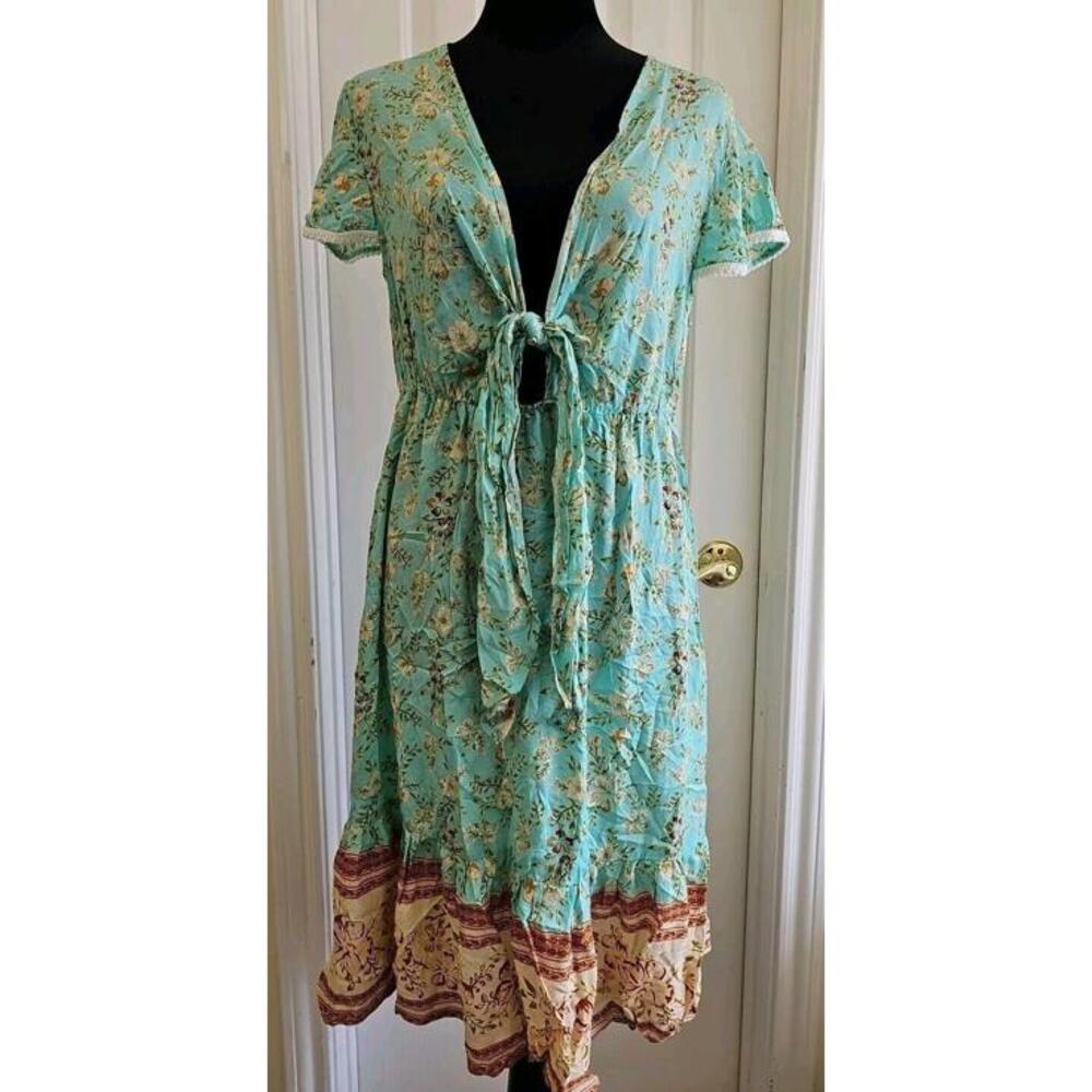 Floral Tie Front Sun‎ Dress Large Green Mini Sundress